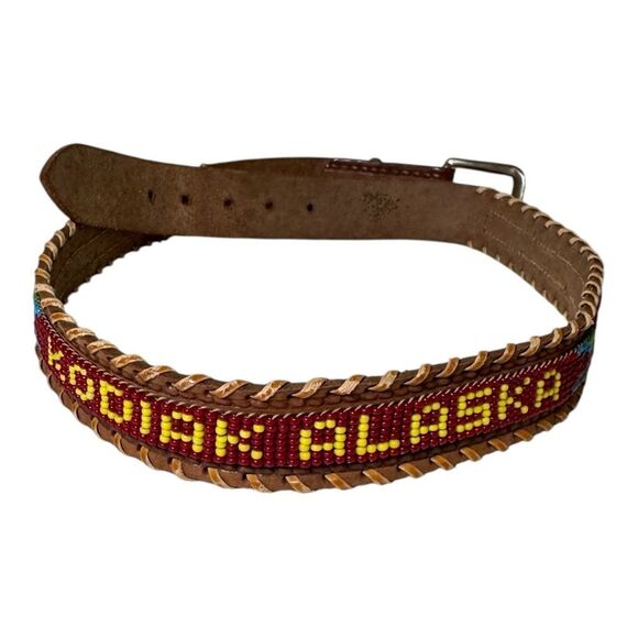 Vintage Kodiak Alaska Beaded Native American Leather Brown Belt Men’s 28 - Picture 1 of 5